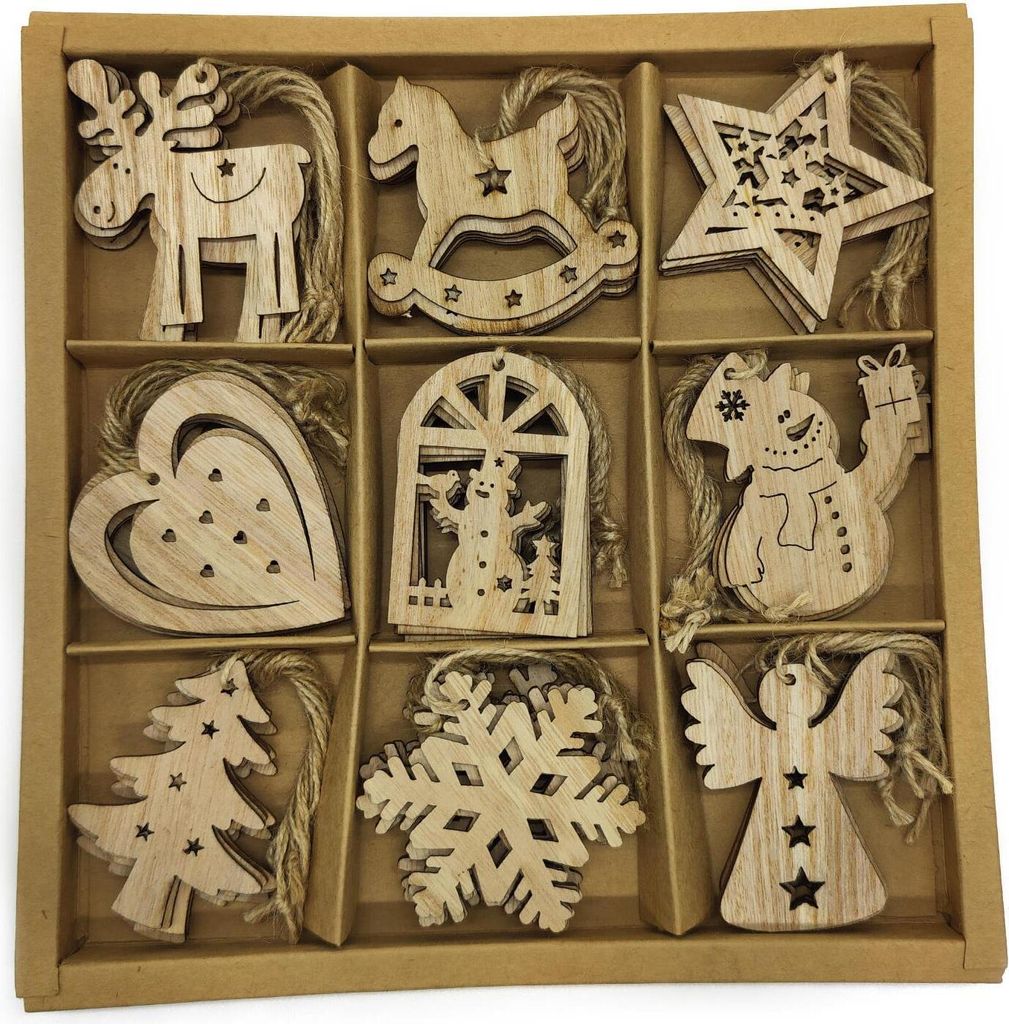 Holz Dekohänger 6 x 7cm Mix 54 Stück Anhänger Weihnachtsbaum Christbaumschmuck natur braun