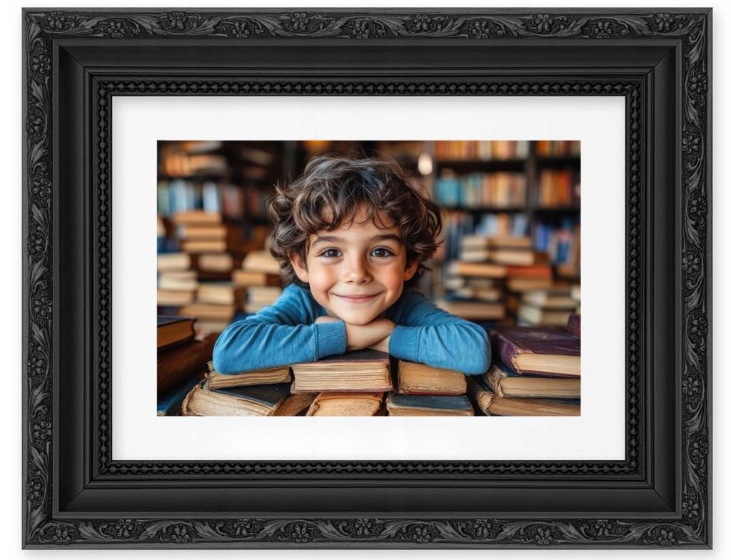 Bilderrahmen „Flora“ 30 × 40 cm mit Passepartout 21 × 29,7 cm – schwarz (naturbelassenes Kiefernholz, Blumenornament, polnischer Hersteller)