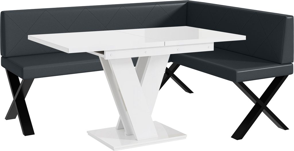 MEBLINI Eckbank für Esszimmer mit ausziehbarem Tisch - Küchenbank - Essecke - Sitzecke Küche - ERIC - X-Beine 128x168x87cm Rechts - Dunkelgrau K...