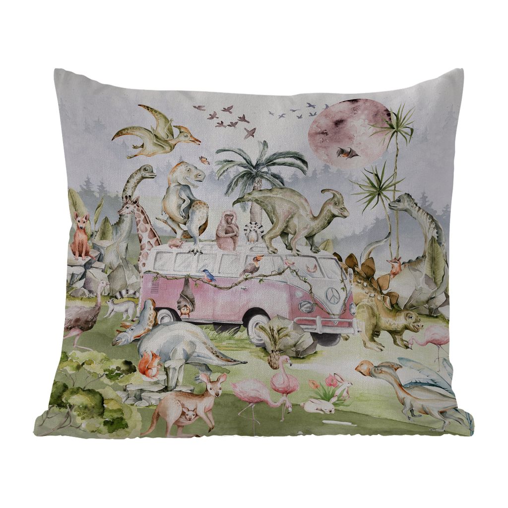 MuchoWow Outdoor Kissen - Dinosaurier - Kinder - Bus - Bäume - Tiere - Kinder - 50x50 cm - Wetterfest - Lounge Kissen - Komfortabel - Kissen mit...