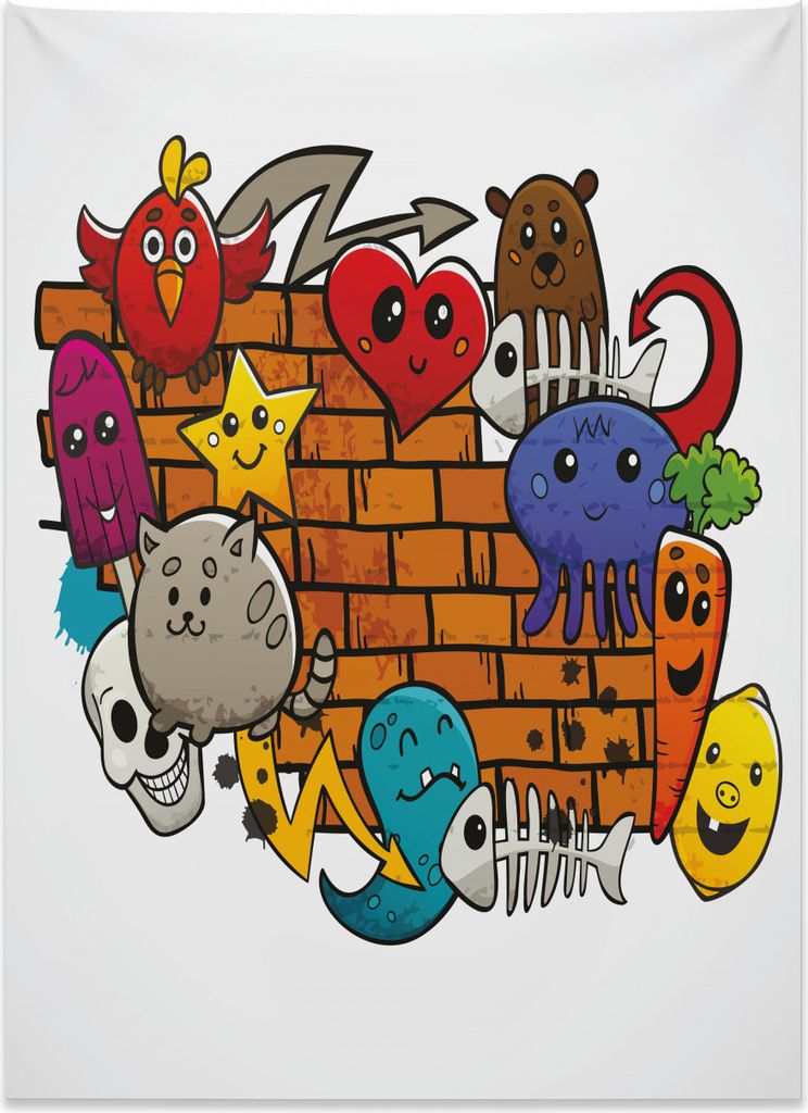 Abakuhaus Graffiti Wandteppich, Cartoon Katze Vogelschädel aus Weiches Mikrofaser Stoff Kein Verblassen Klare Farben Waschbar, 110 x 150 cm, Mehrf...