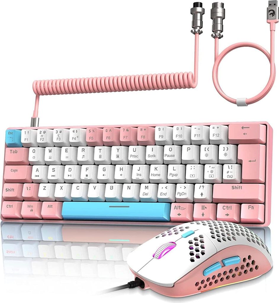 Kabelgebundene Gaming-Tastatur und -Maus-Kombination mit spiralförmigem USB-C-Kabel T60 Pro – Kompakt, 60 % UK-Layout (QWERTY), mechanische Tast...