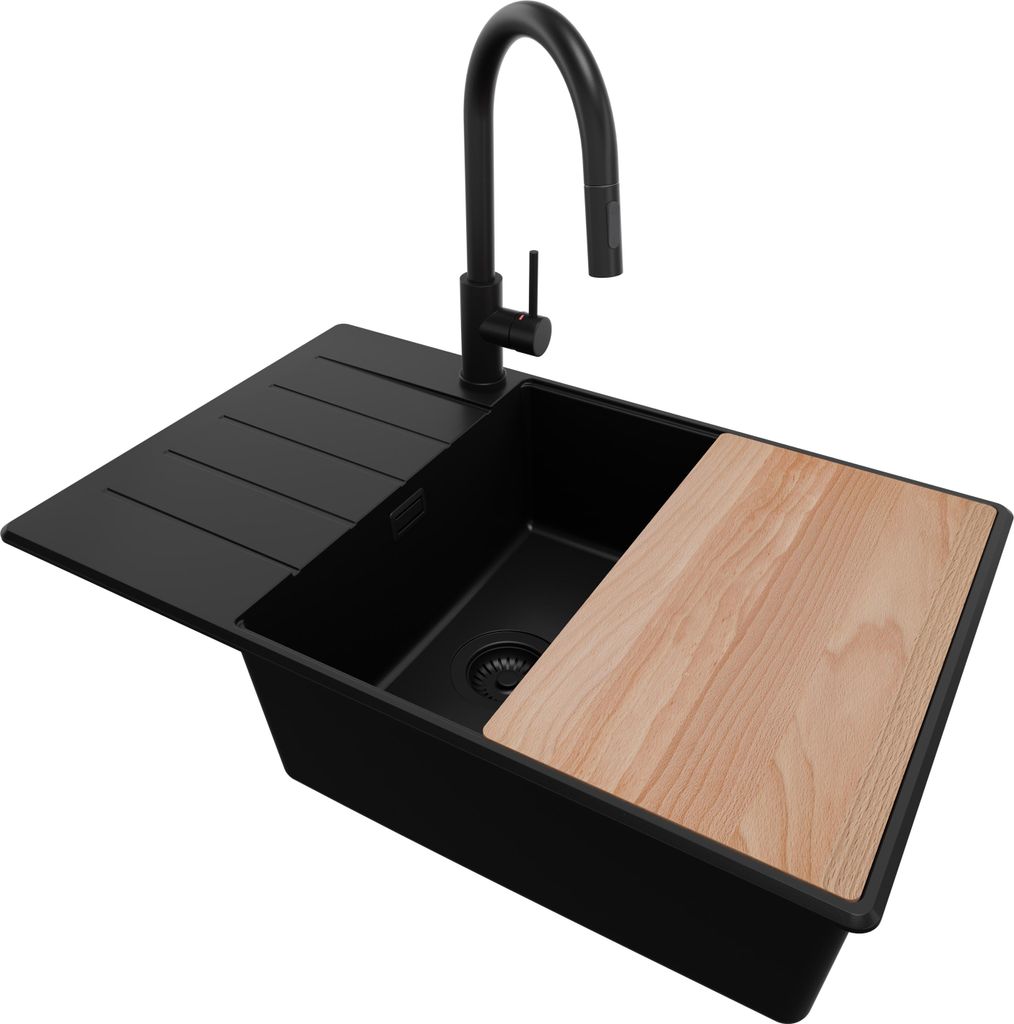 PRIMAGRAN Granitspüle Alles Schwarz 78x50cm, Spülbecken 1 Becken + Ablauf-Set + Küchenzubehörset, Küchenspüle ab 60er Unterschrank - Kopenhagen