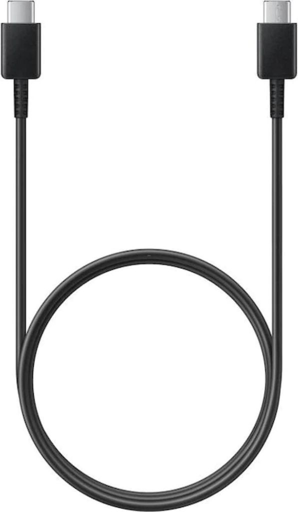 A black USB-C to USB-C cable coiled in the center against a white background.
