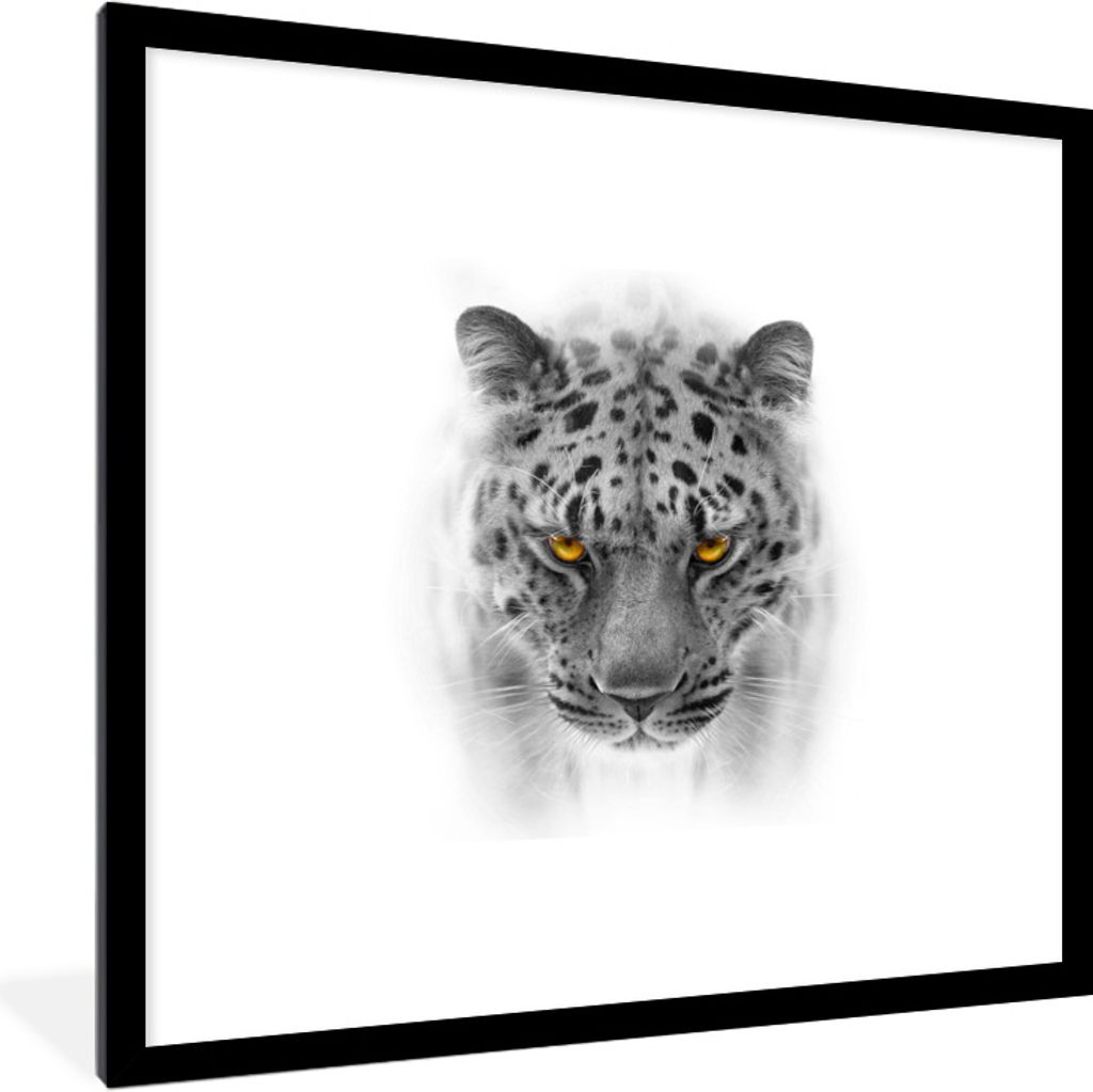 MuchoWow Gerahmtes Poster Leopard - Schwarz - Weiß - Tiere 40x40 cm - Poster mit Schwarzem Bilderrahmen Wandposter Rahmen Foto Bilder - Poster -...