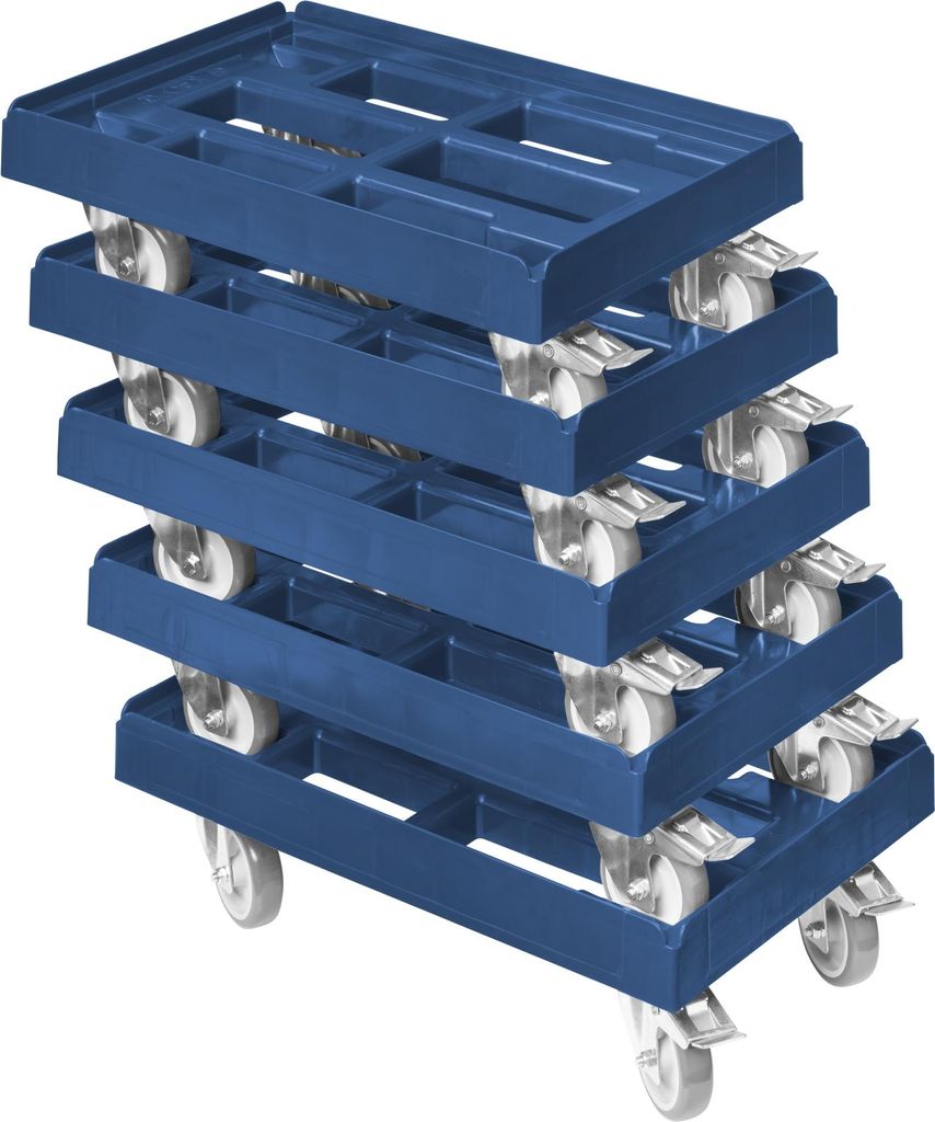 5 x Stück Transportroller - Typ B-F - für Kisten 600x400 mm mit 2 Bremsen Blau