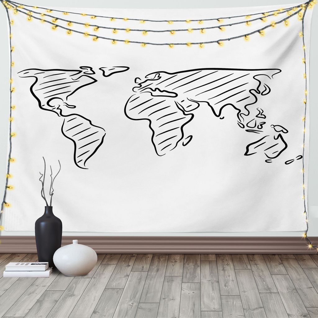ABAKUHAUS Weltkarte Wandteppich, Skizzenentwurf Kunstvoll, Wohnzimmer Schlafzimmer Heim Seidiges Satin Wandteppich, 200 x 150 cm, Weiß Schwarz