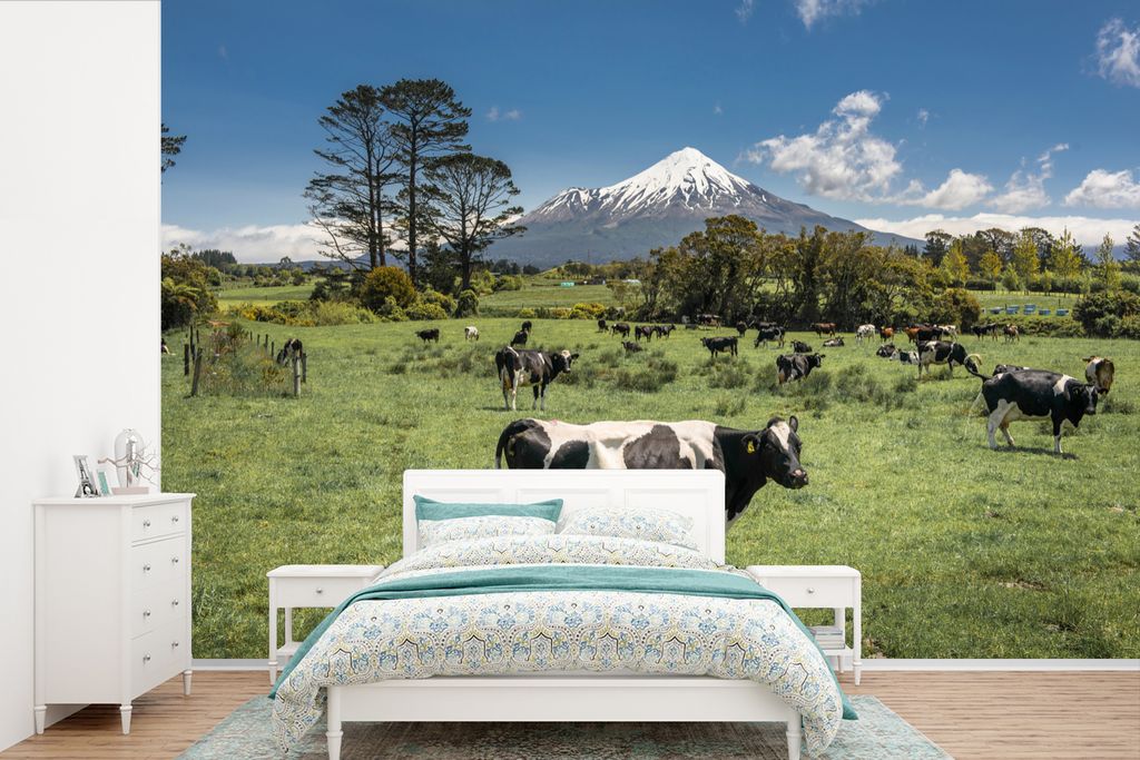 MuchoWow Fototapete für Wohnzimmer oder Schlafzimmer Wandtapete Vinyl Motivtapete Kühe im Egmont-Nationalpark auf der NorSteckanschlussl - 360x...