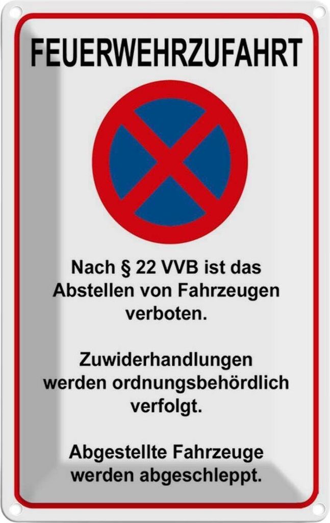 vianmo Blechschild 30x20 cm Feuerwehrzufahrt nach §22VVB Straßenschild Warnschild Hinweisschild Sicherheit Vorsicht