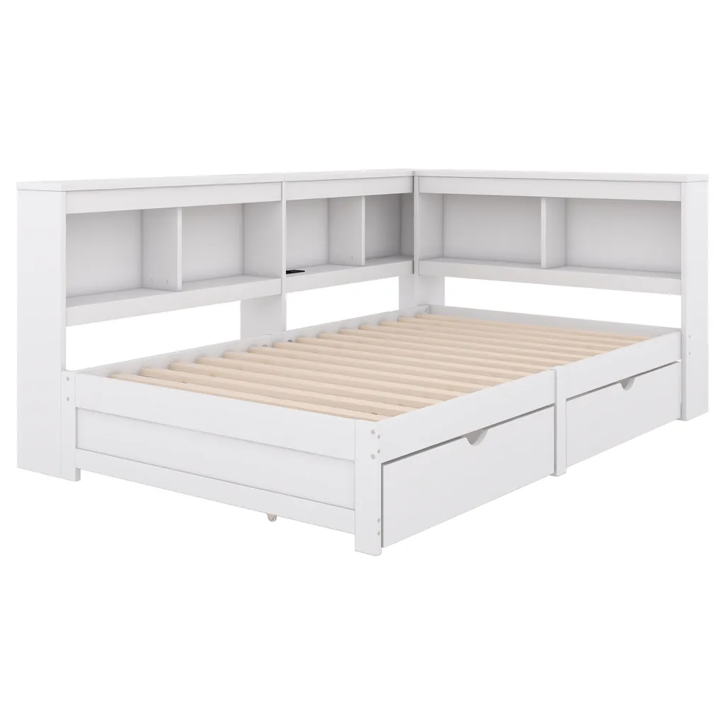 Lit avec bibliothèque tête de lit 90x200 blanc, USB et tiroirs de lit - 6