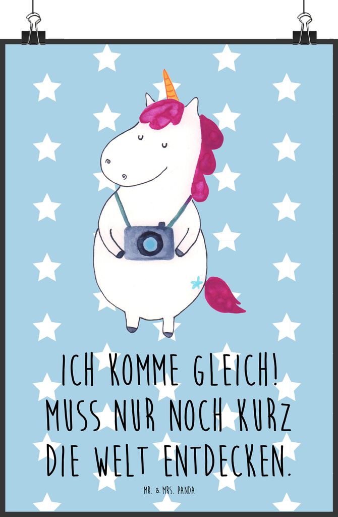 Mr. & Mrs. Panda Bild Einhorn Fotograf DIN A2 - Blau Pastell - Geschenk, Unicorn, drucke, wanddruck, Reise, wanddeko, Kunstdruck, Einhörner, Urlaub