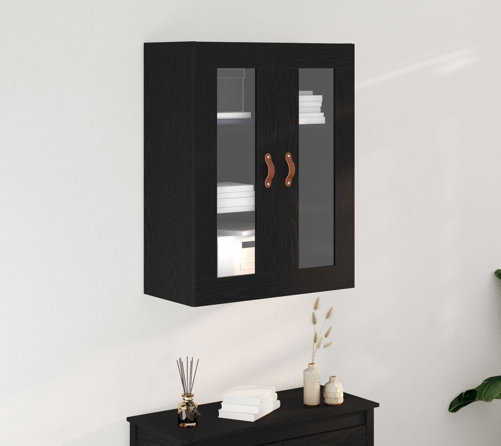 Möbel Wandschrank mit Glastüren Schwarz Eiche 69,5x34x90 cm - Kommoden 862161