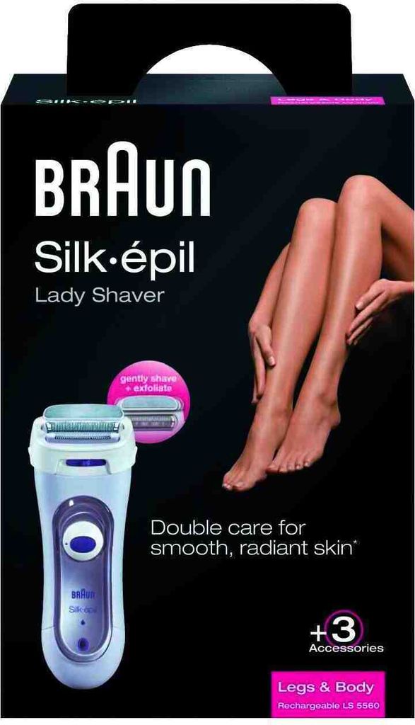 The image shows the packaging of a Braun Silk-épil Lady Shaver, with a depiction of the product and a woman's legs.