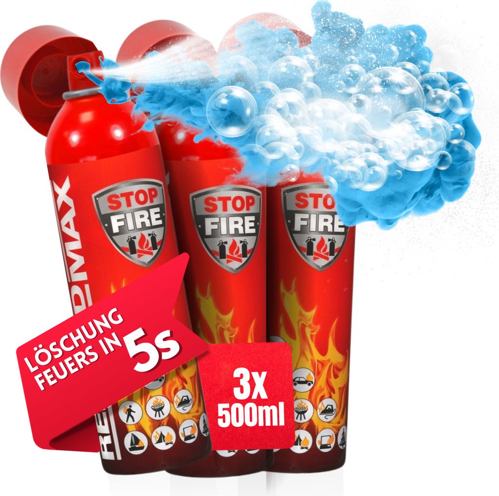 notlok Safety Work - 3x 500ml Feuerlöschspray | Klein Feuerlöscher Haushalt: Küche, Auto | Feuerlöscher Schaum löscht Feuer A B E F | Fettbran...
