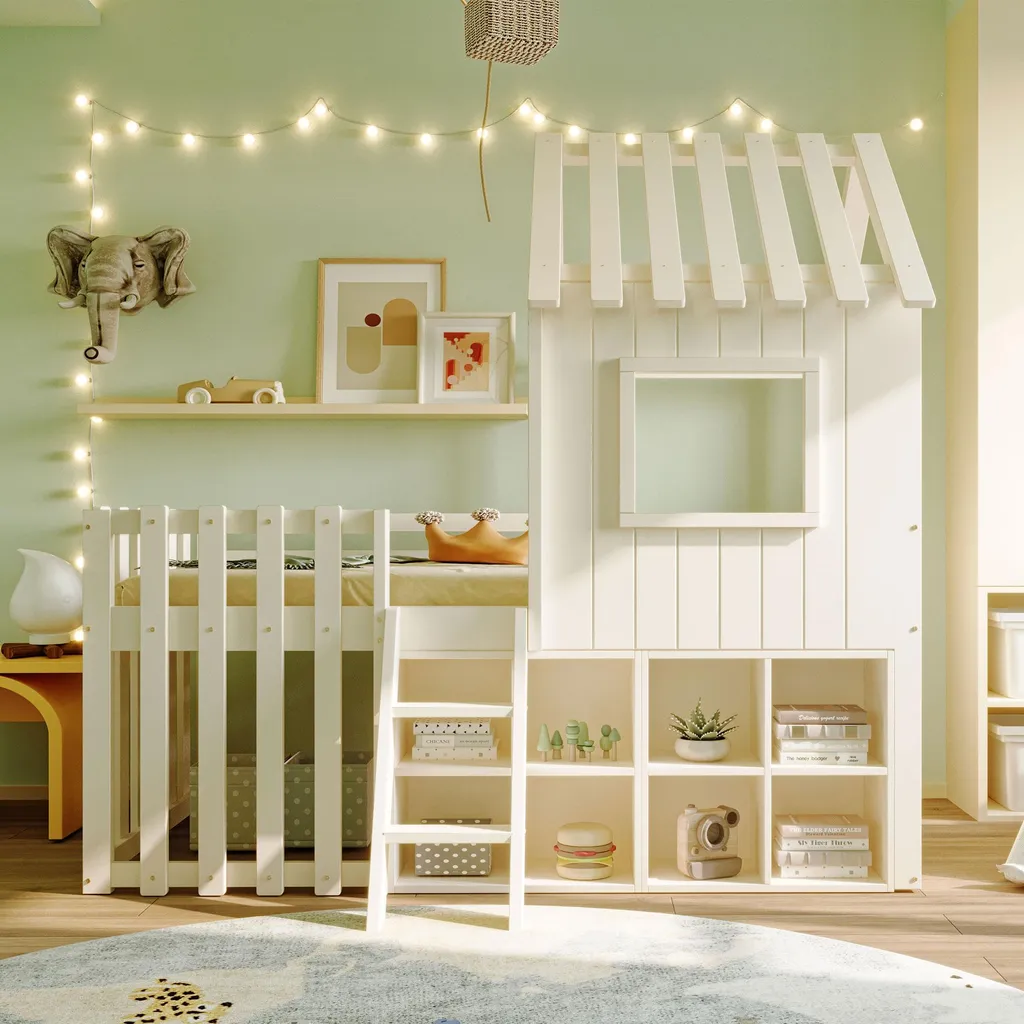 Lit Cabane 90x200 Sécurisé : Solution Sommeil et Jeu Bois Blanc - 2