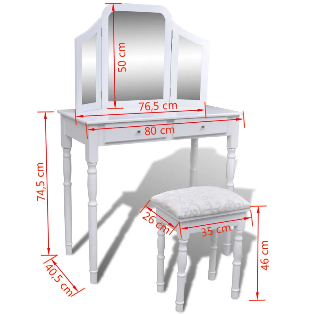 Coiffeuse Miroir 3 volets et 2 Tiroirs de Rangement avec Tabouret - 10