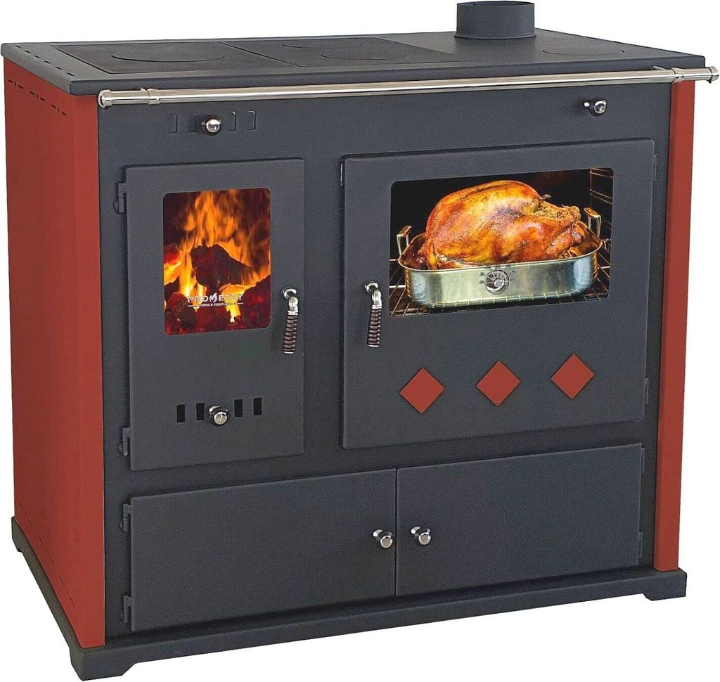 Kaminofen mit Backfach und Herdplatte Pracktik Lux Rot Holzofen 9,5 kW