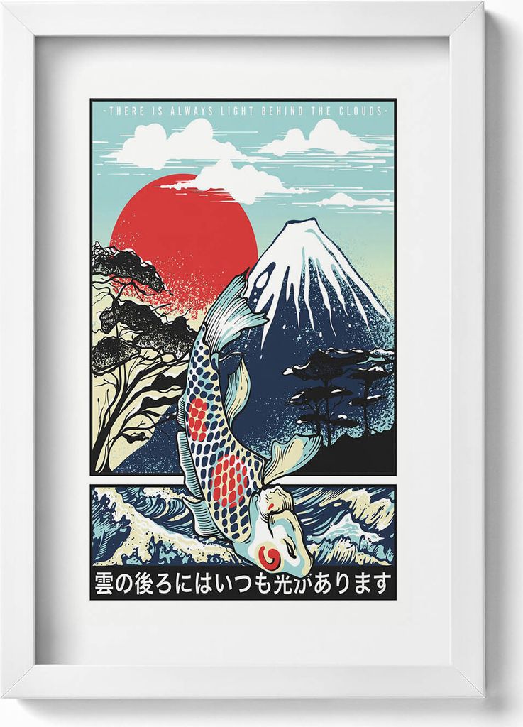 Japanische Illustration des Berges Fuji und Koi-Fische– Wandbild mit Rahmen – Gerahmtes Bild – Wanddekoration – 20x30 cm – Weiß