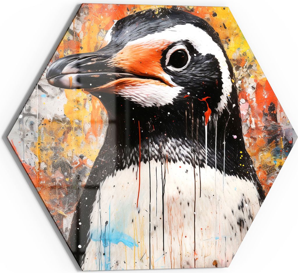 DEQOART Glasbild Echtglas 40x35 cm 'Pinguin im Farbrausch' Wandbild Bild modern Deko