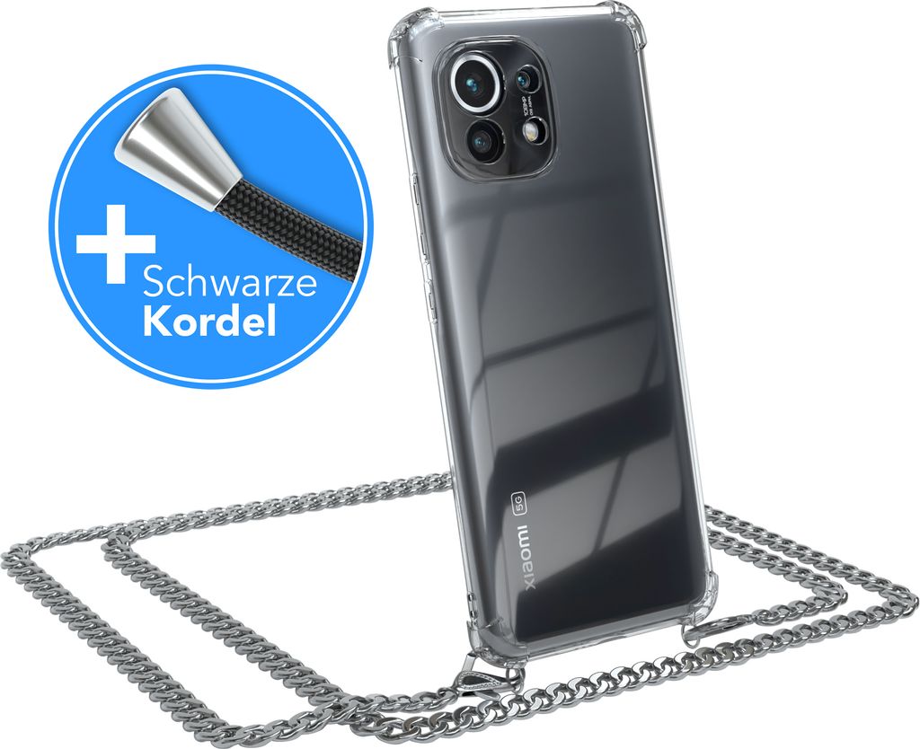 EAZY CASE Metall Handykette für Xiaomi Mi 11 5G, Handyhülle mit Umhängeband, Silikonhülle, Metallkette für Smartphone in Silber