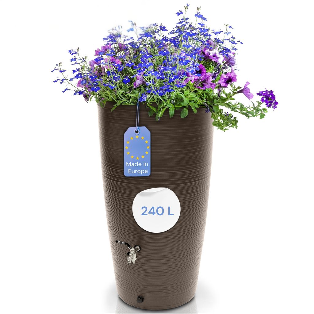 A brown rain barrel filled with blue and purple flowers, with a tag indicating "Made in Europe" and a capacity of "240 L".
