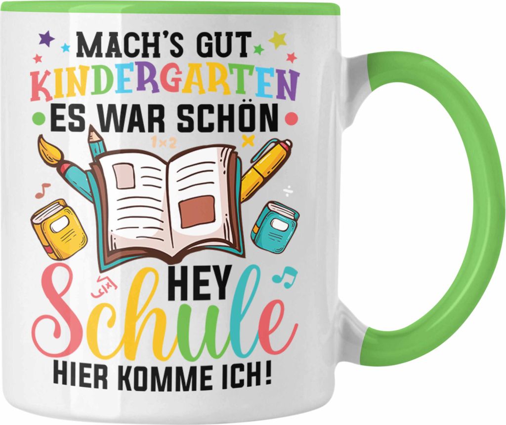 Trendation - Tschüss Kinderkarten Hallo Grundschule Tasse Geschenk zur Einschulung Erster Schultag (Grün)