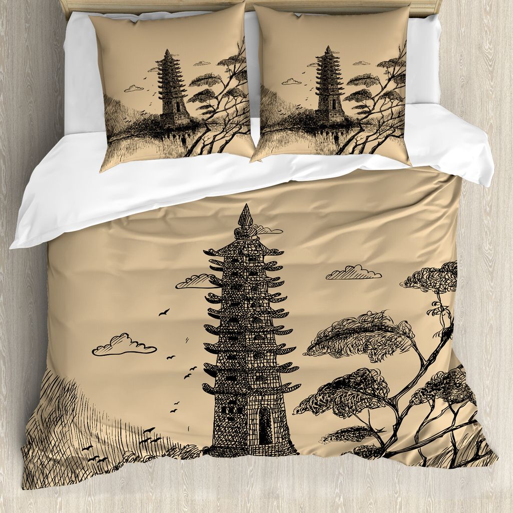 ABAKUHAUS asiatisch Bettbezug, Taoist Haus des Glaubens, Milbensicher Allergiker geeignet mit Kissenbezügen, 155 cm x 220 cm - 80 x 80 cm, Pale Br...