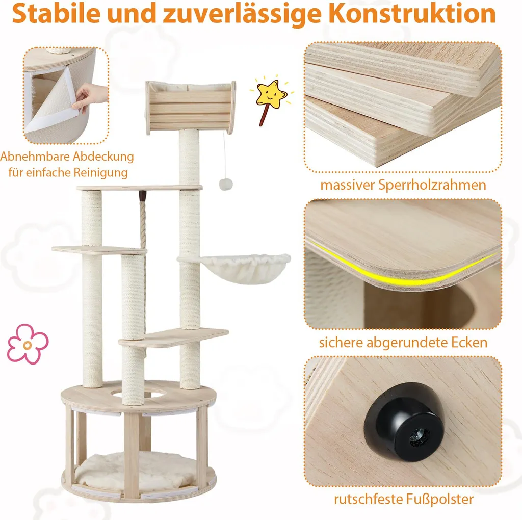 Arbre à Chat Stable en Bois, Solution Anti-Griffures avec Grande Niche