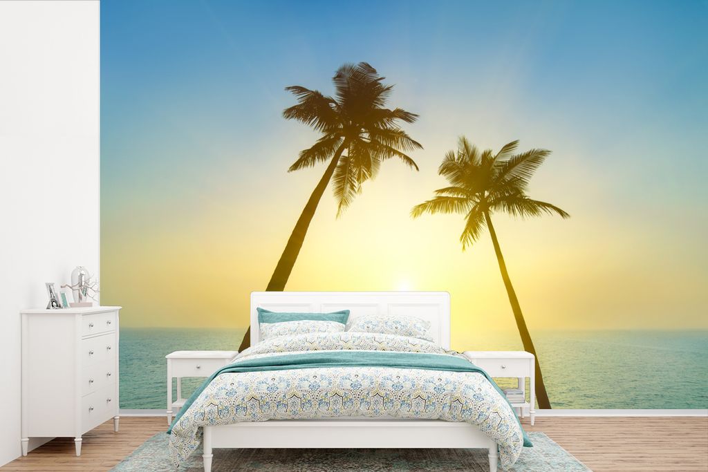 MuchoWow Fototapete für Wohnzimmer oder Schlafzimmer Wandtapete Vinyl Motivtapete Sommer - Palmen - Sonne - 390x260 cm - Papiertapete