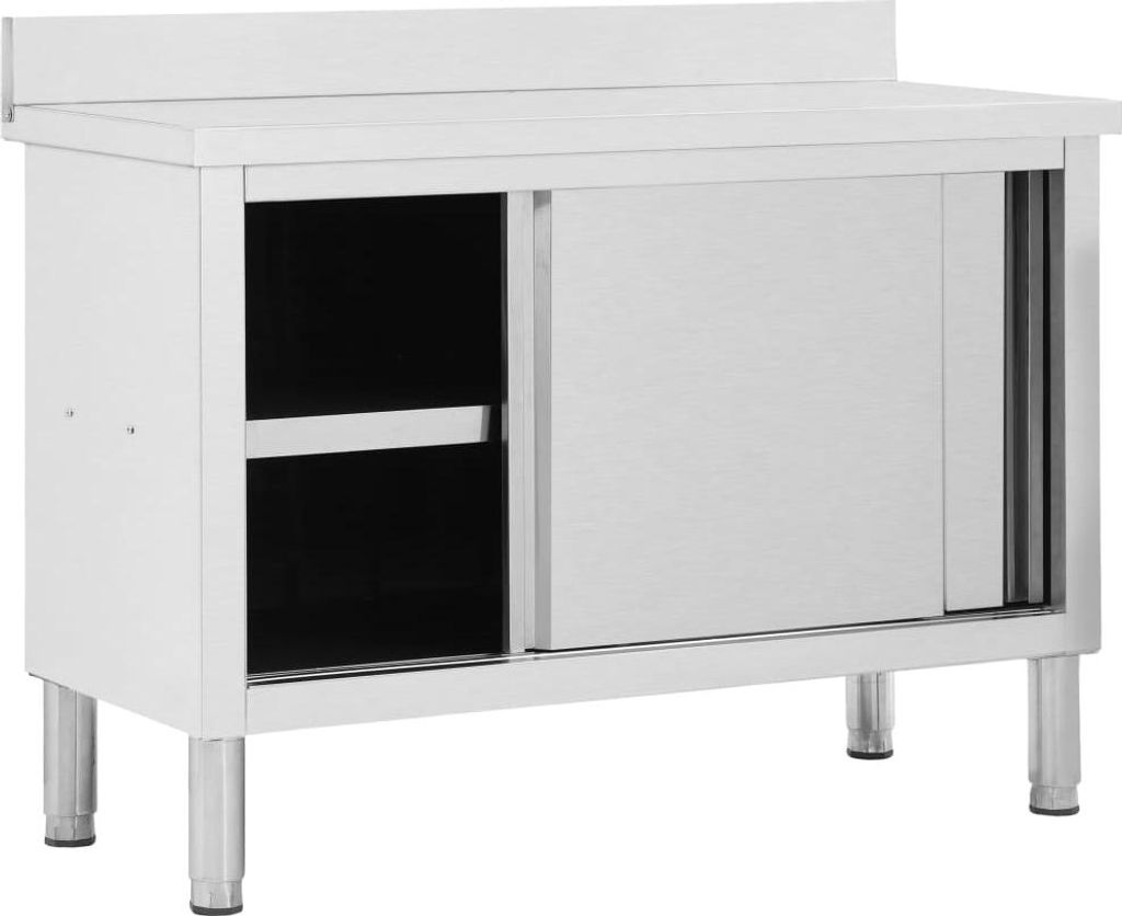 A stainless steel work cabinet with sliding doors and an open shelf.