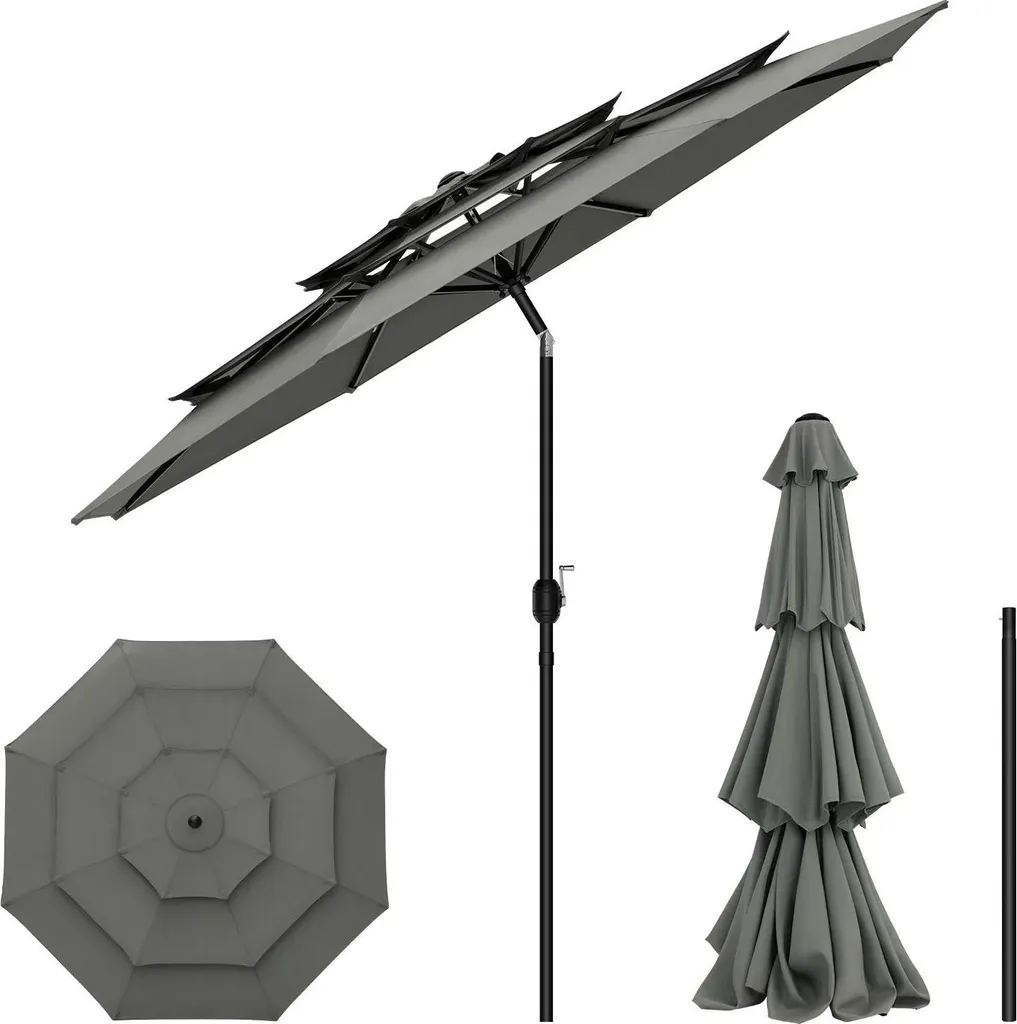 Parasol jardin en aluminium Ø292 cm - Toile polyester gris 180 g/m²