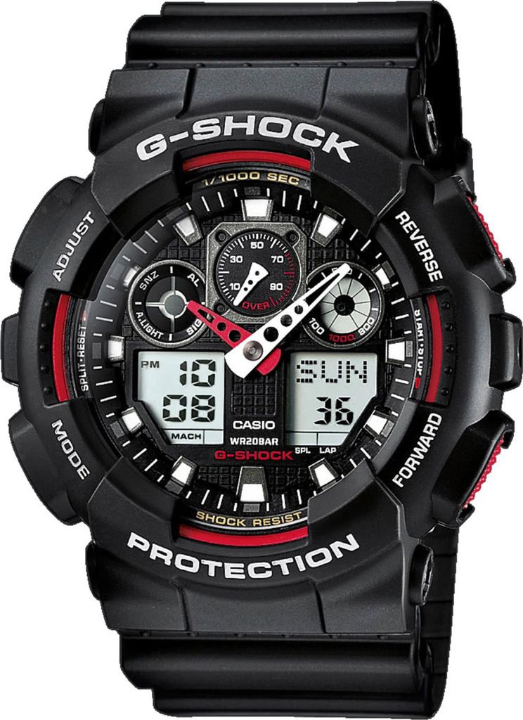 G-Shock GA-100 horloge, zwart met rode accenten, maat: one Productafbeelding 