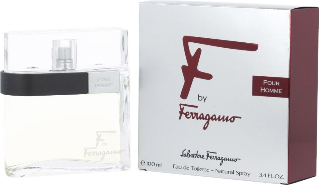 A bottle of F by Ferragamo Pour Homme eau de toilette and its packaging are displayed side-by-side against a white background.