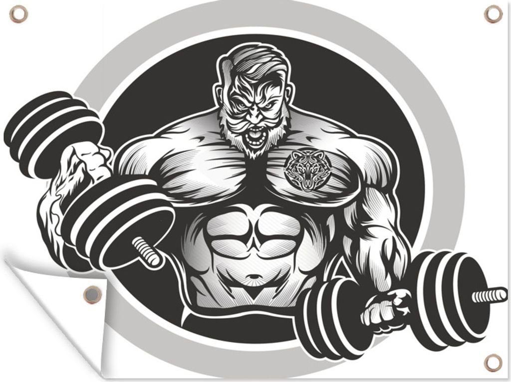 MuchoWow 40x30 cm Outdoor-Poster Gartendeko Sichtschutz Garten Poster für den Garten Eine Illustration eines Bodybuilders mit zwei Hanteln