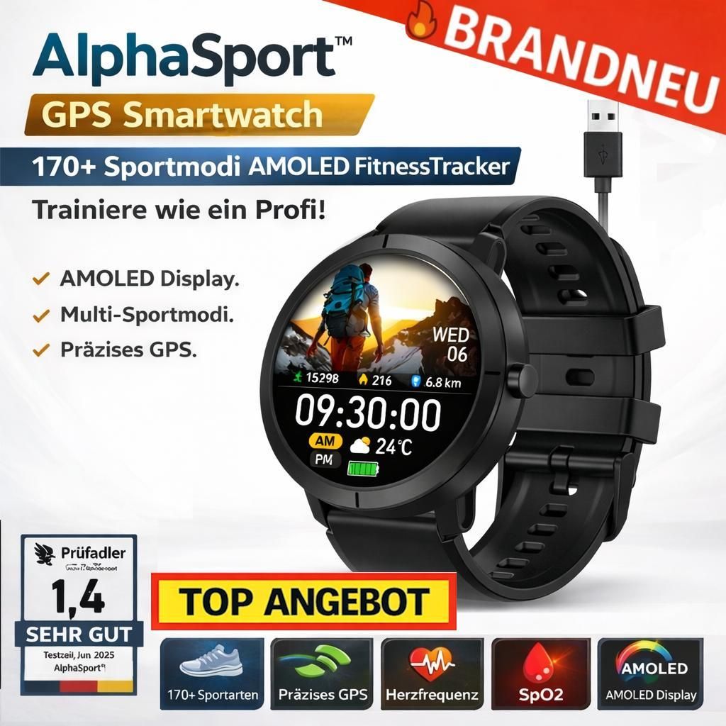 AlphaSport Smartwatch GPS 170+Sportmodi AMOLED FitnessTracker Herzfrequenz SpO2: Midnight Black