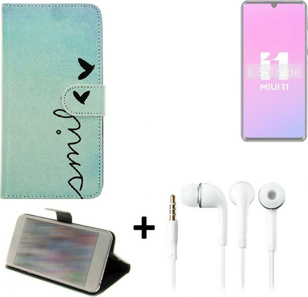 K-S-Trade Schutz Hülle Handy Hülle kompatibel mit Xiaomi Mi Note 10 Lite 360° Wallet Case Schutz Hülle ''smile'' inkl. Ohrstöpsel Smartphone