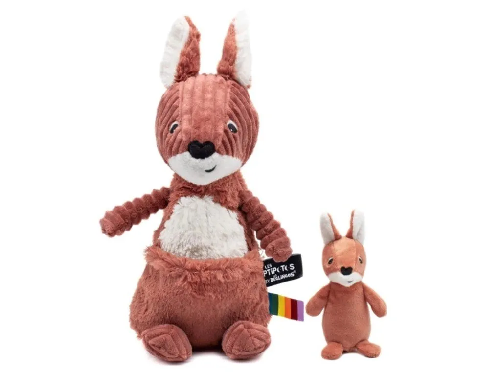 Grande peluche kangourou brun-orange maman et bébé en coton soyeux