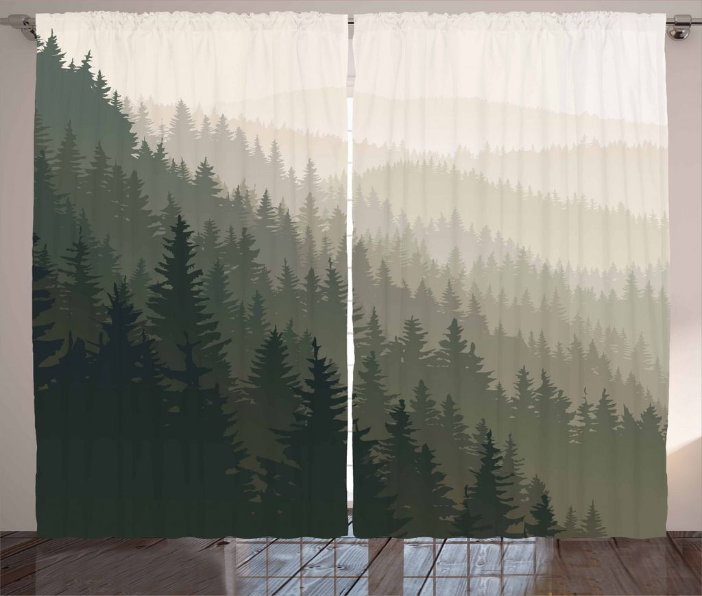 ABAKUHAUS Wald Rustikaler Gardine, Skandinavische Natur, Schlafzimmer Kräuselband Vorhang mit Schlaufen und Haken, 280 x 225 cm, Dunkelgrün Creme...