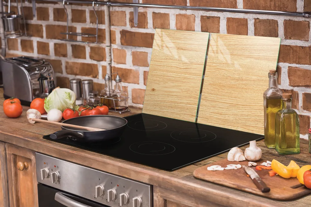 Piastre copri fornello 2 pezzi 90x52 ceramica copri piano cottura vetro tagliere legno beige - 8