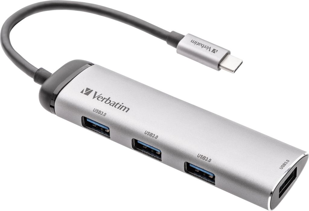 A silver USB-C multiport hub with multiple USB 3.0 ports and a USB-C connector is shown against a white background.