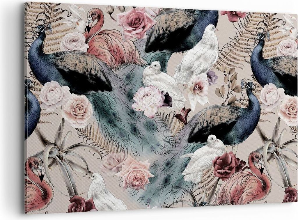 Bild auf Leinwand - Leinwandbild - Einteilig - Pfauen Squab Flamingos - 100x70cm - Wand Bild - Wanddeko - Wandbilder - Leinwanddruck - Bilder - Wan...