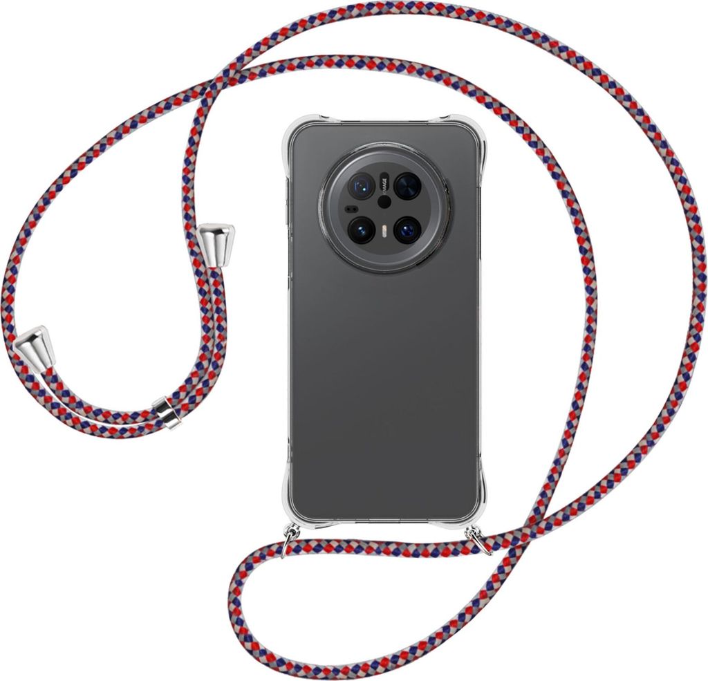 Handykette Backcover-Schutzhülle mit Band (Metall silberfarben) für Huawei Mate 70 - silber/blau/rot