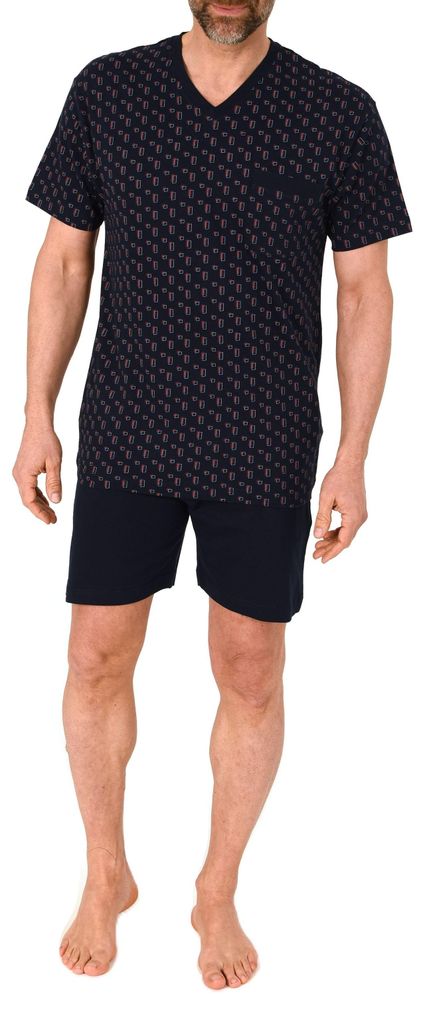 Normann Herren kurzarm Schlafanzug Shorty – Pyjamamit V-Hals auch in Übergröße ; marine , 64