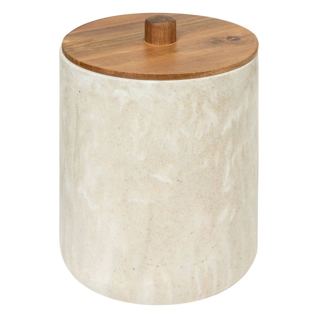 A cylindrical container with a wooden lid and knob, set against a white background.