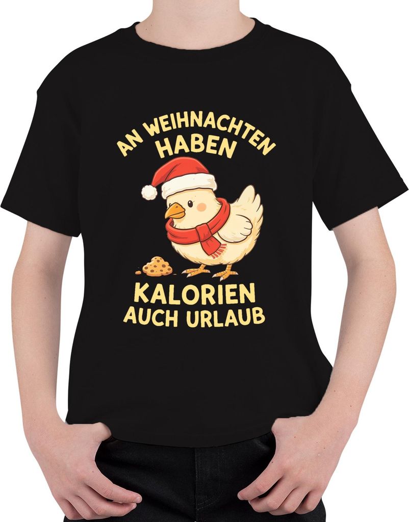 Kalorien haben Urlaub Weihnachten Küken lustig Geschenk Uni Kinder T-Shirt, Schwarz, 152