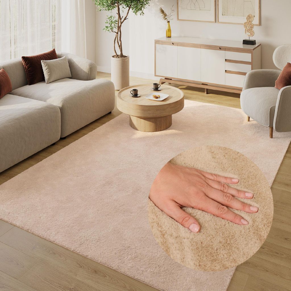 Tapiso Kurzflorteppich LUMI weich beige Wohnzimmer waschbar Produktbild 