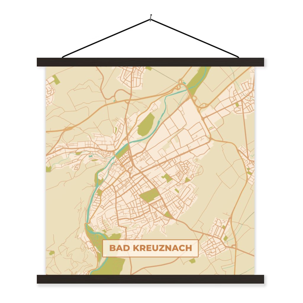 MuchoWow Textilposter Karte - Bad Kreuznach - Vintage - Stadtplan 40x40 cm mit schwarzem Rahmen - Fotos