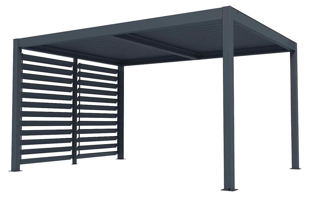Bioklimatische, freistehende Pergola aus anthrazitfarbenem Aluminium mit aufklappbarem Dach und 2,78 m Wand - 12 m² - AMADORA