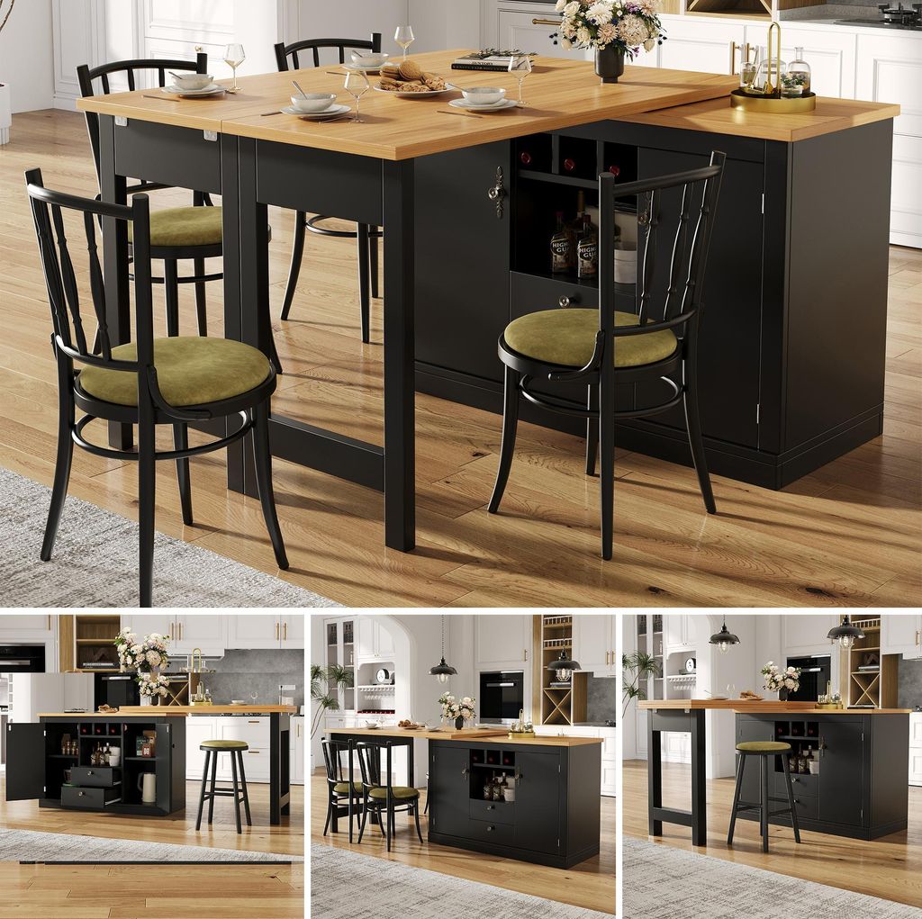 A collage of images showing a black extendable bar table with a wooden top, featuring storage compartments and wine racks, in various kitchen and dining settings.