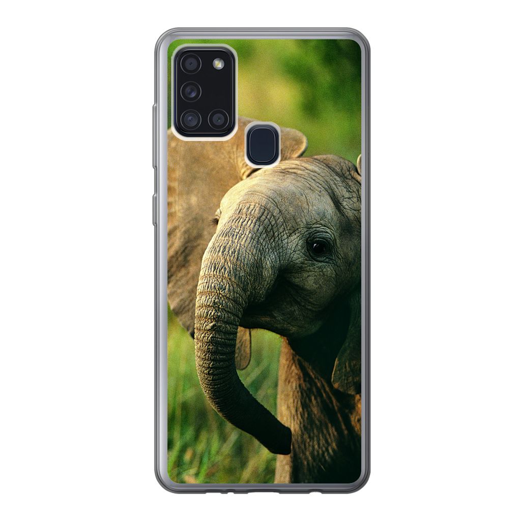 MuchoWow Handyhülle Schutzhülle Hülle für Samsung Galaxy A21s Elefant - Grün - Tiere - Natur Silikon Softcase Handy Hülle - Hartschale